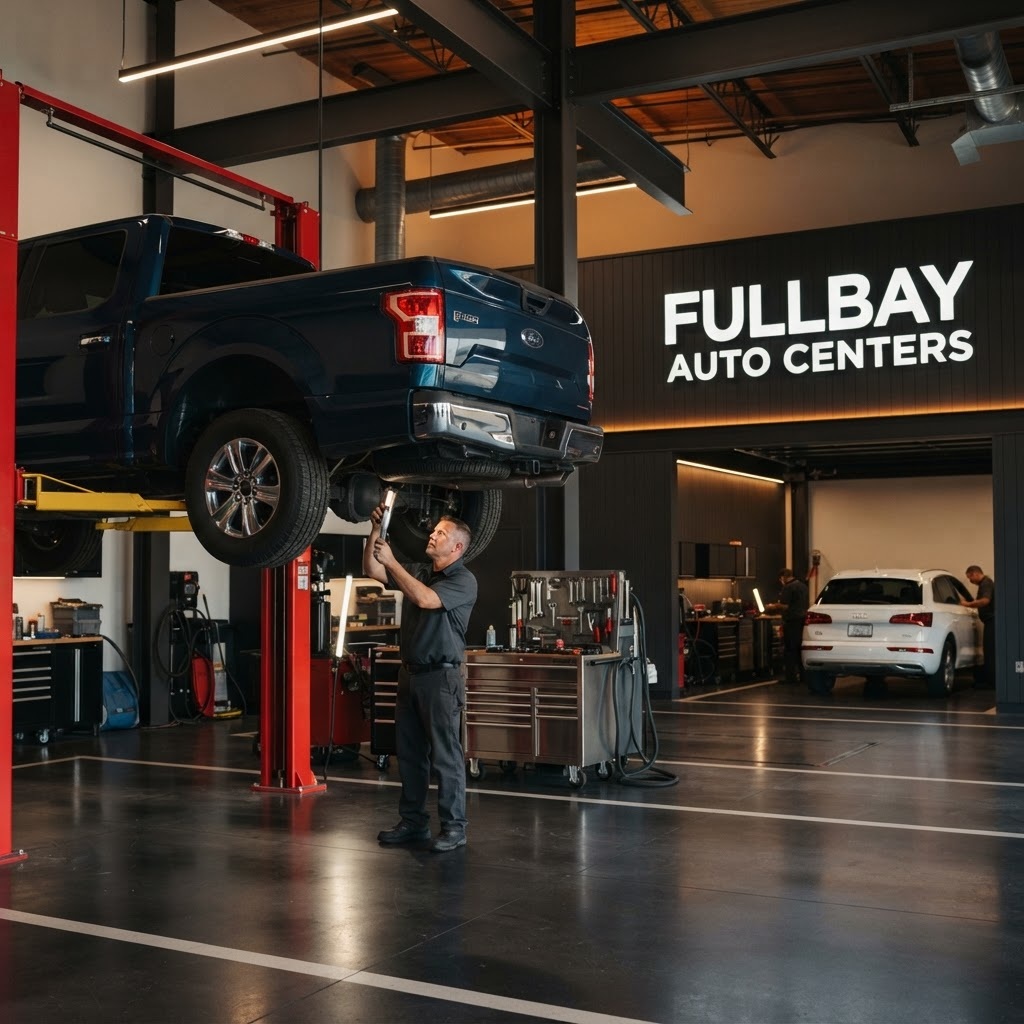 Technician servicing a pickup truck on a lift with an SUV at another bay