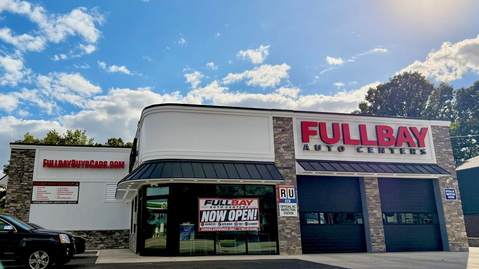 Fullbay Auto Centers storefront and service entrance at 5201 Western Boulevard in Raleigh