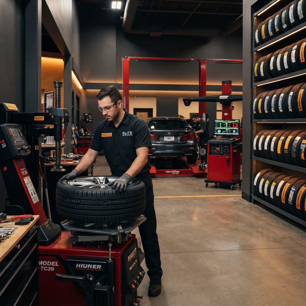 Technician mounting a new tire with a wheel alignment rack in the background