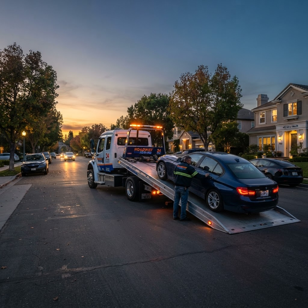Flatbed tow truck loading a broken-down sedan for pickup